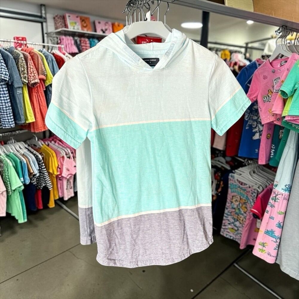 Ocean Current Boys Hooded Tee Size Small Light Blue Color Block Shirt EUC